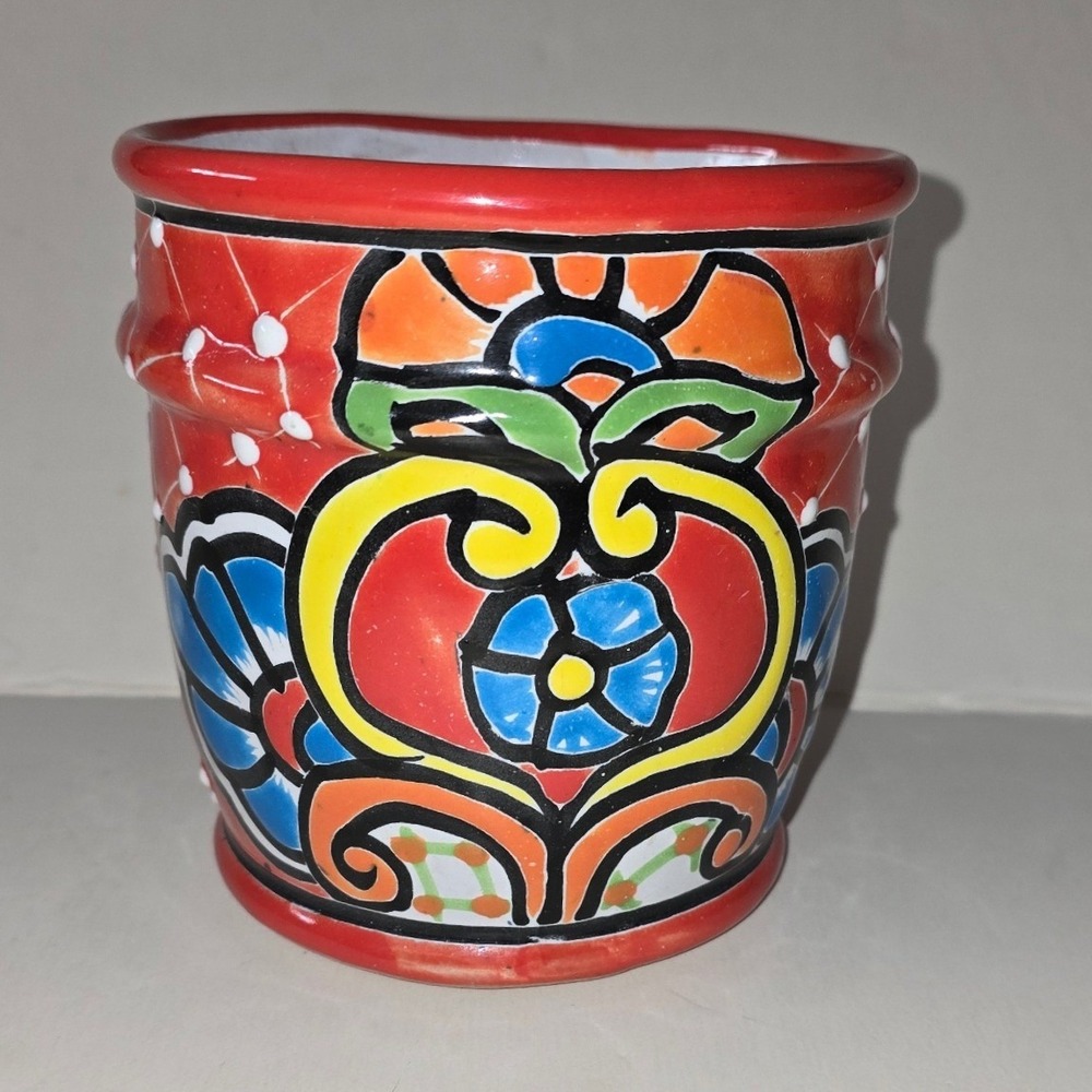Talavera Mexican Pottery Planter Hand Painted Red Floral Ceramic Flower Pot 5in